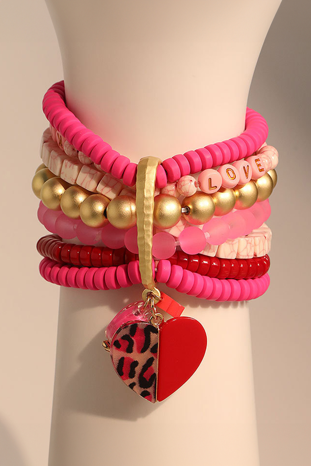 Rose Red Multi Beaded Stack Bracelet with Leopard Heart Charm - loveforevers