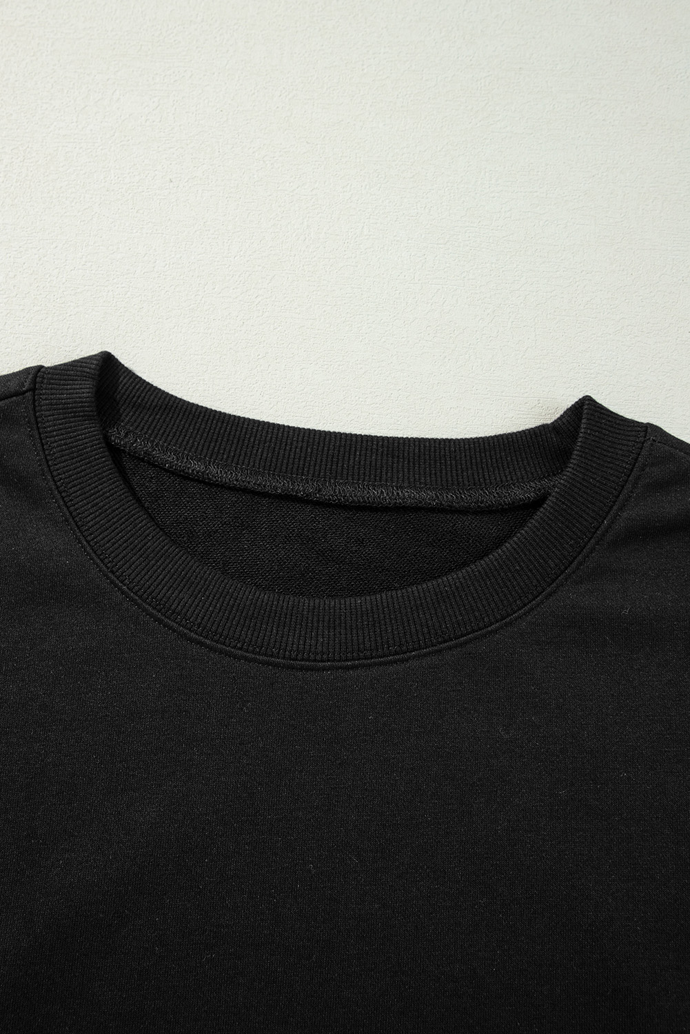 Black Exposed Seam Drop Shoulder Round Neck Sweatshirt with Slits - loveforevers