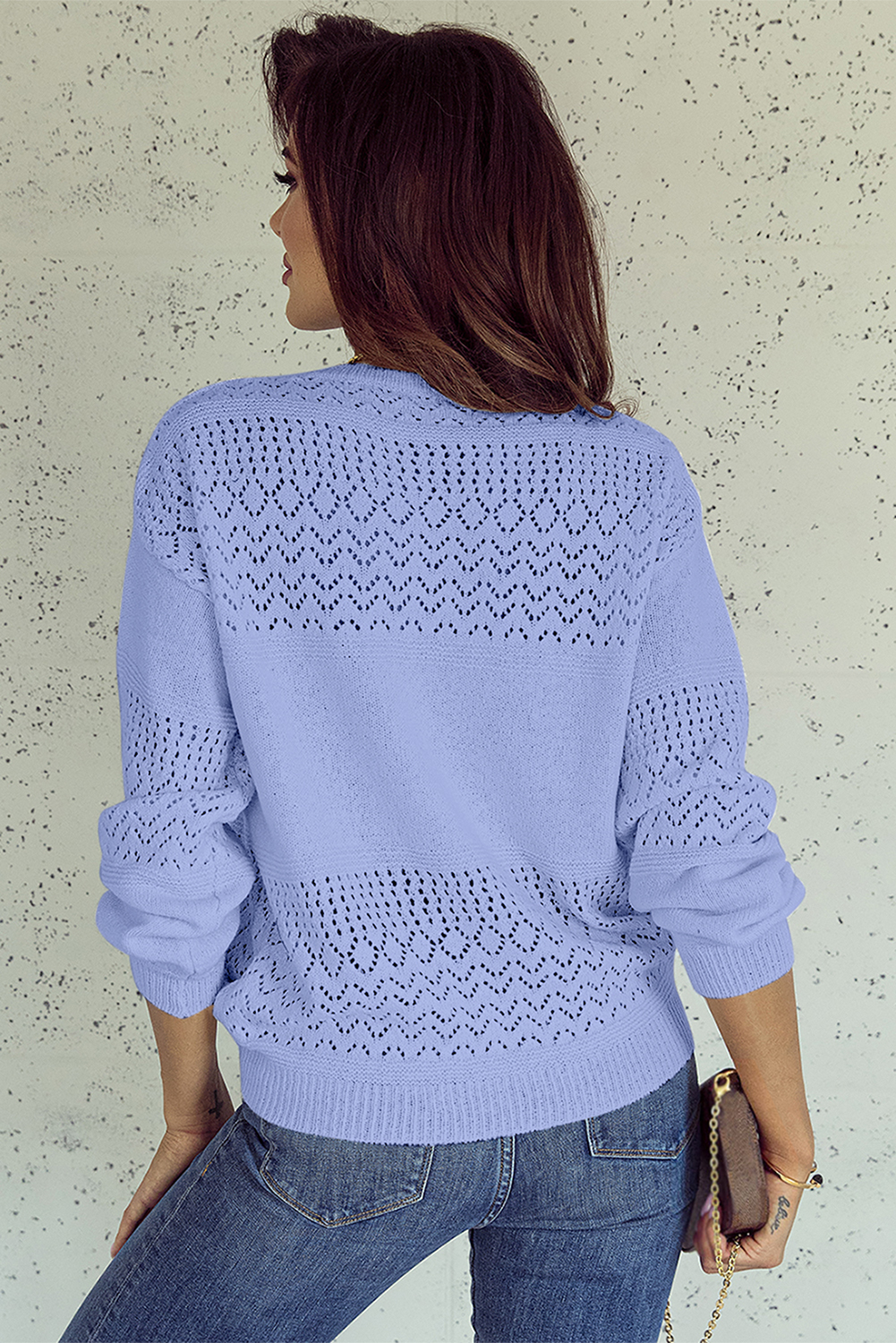 Sky Blue Eyelet Pattern Detail V Neck Drop Shoulder Sweater - loveforevers