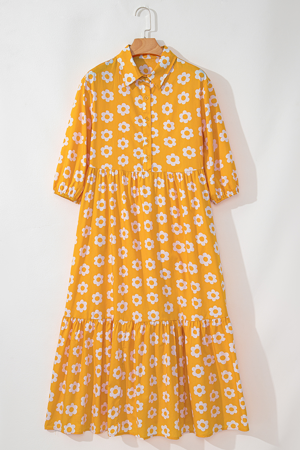 Yellow Flower Print Bracelet Sleeve Buttons Collared Maxi Dress - loveforevers