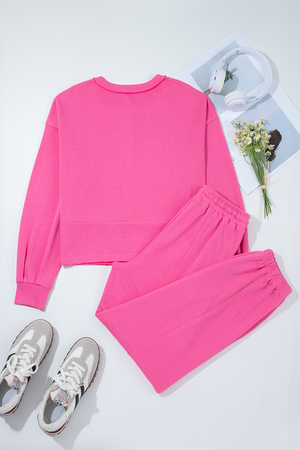 Bright Pink Raw Edge Half Buttons Pullover and Jogger Pants Set - loveforevers