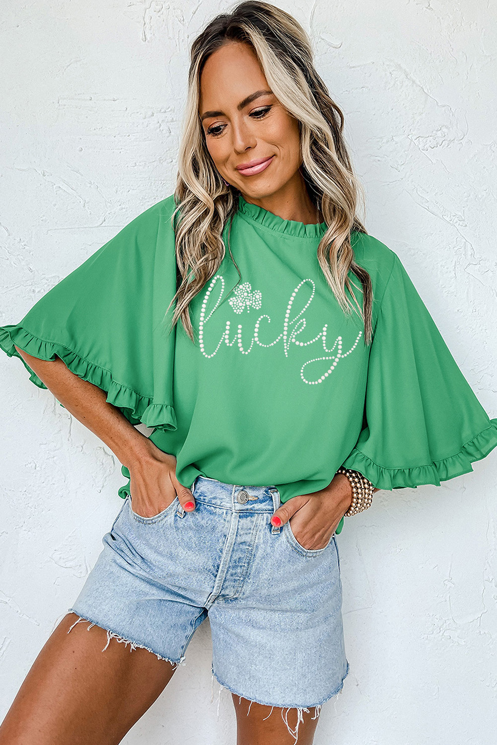 Green Ceramic Rhinstone lucky Clover Graphic Frilled Bell Sleeve Blouse - loveforevers