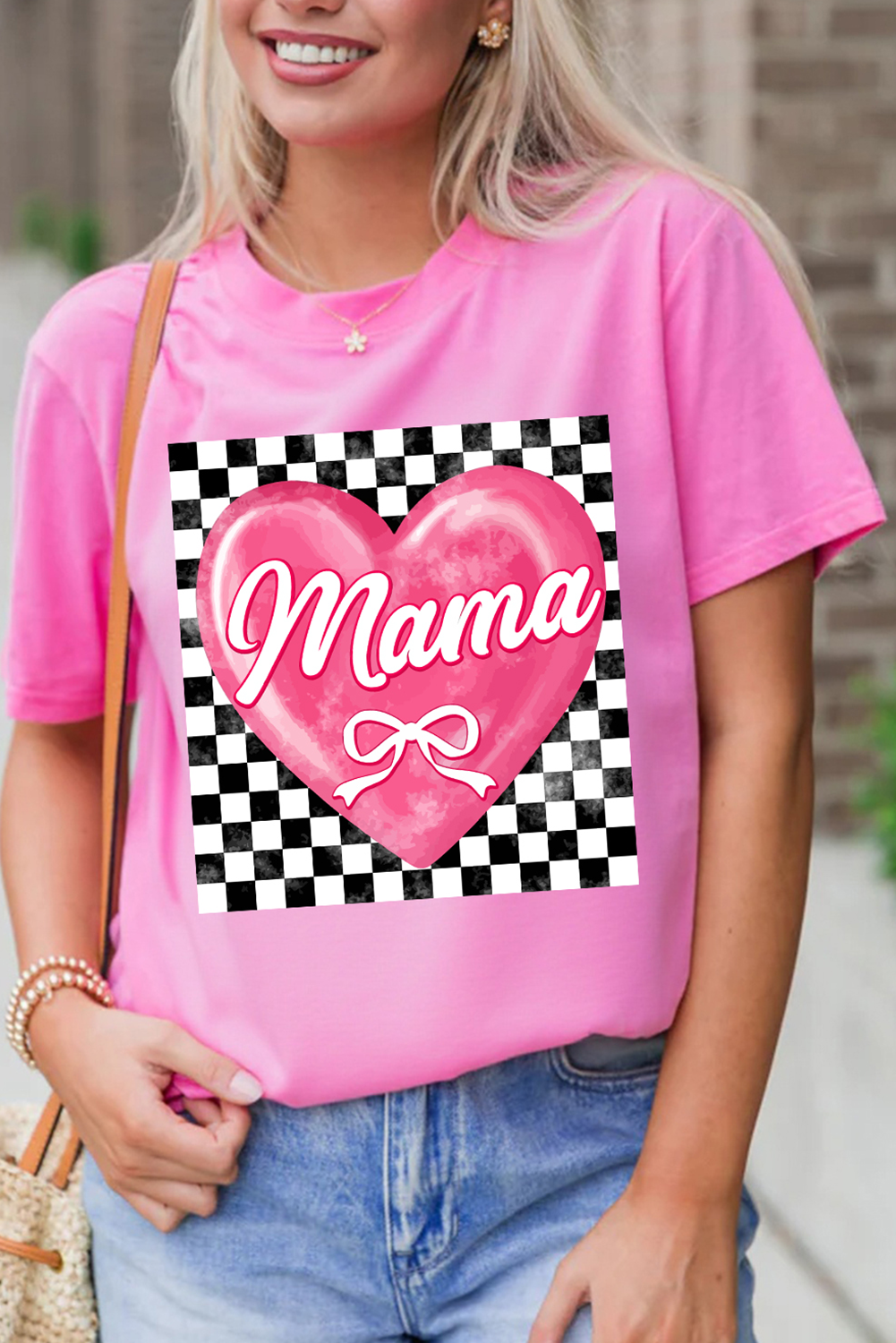 Sachet Pink Checkered Heart Pattern mama Bow Graphic Tee - loveforevers