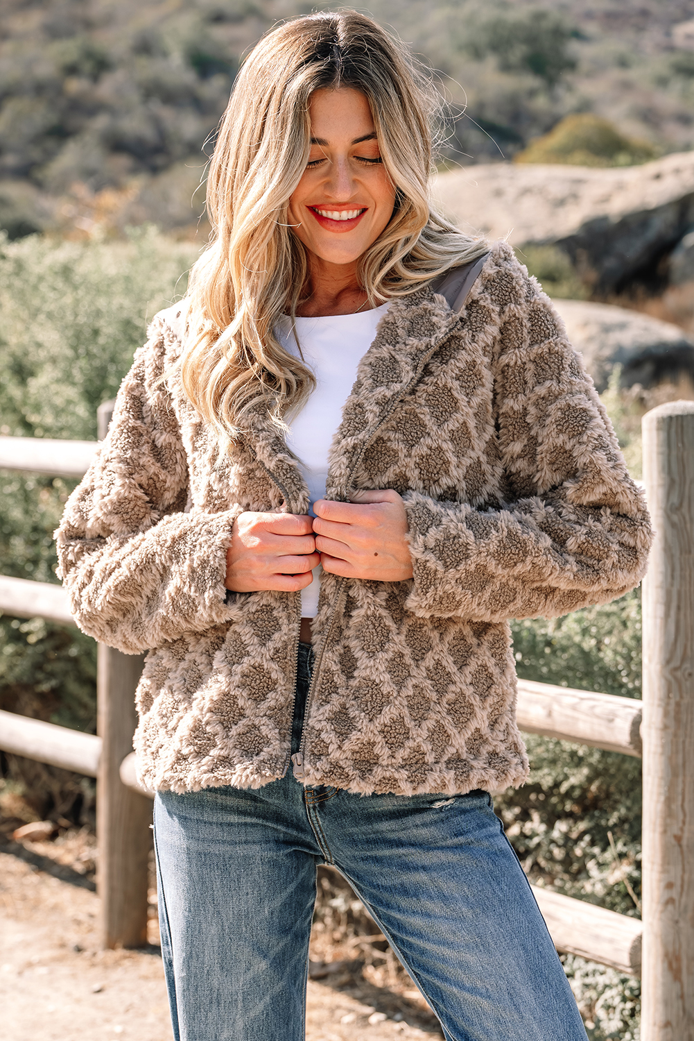 Chestnut Sherpa Rhombus Zip Up Side Pocket Hooded Jacket - loveforevers