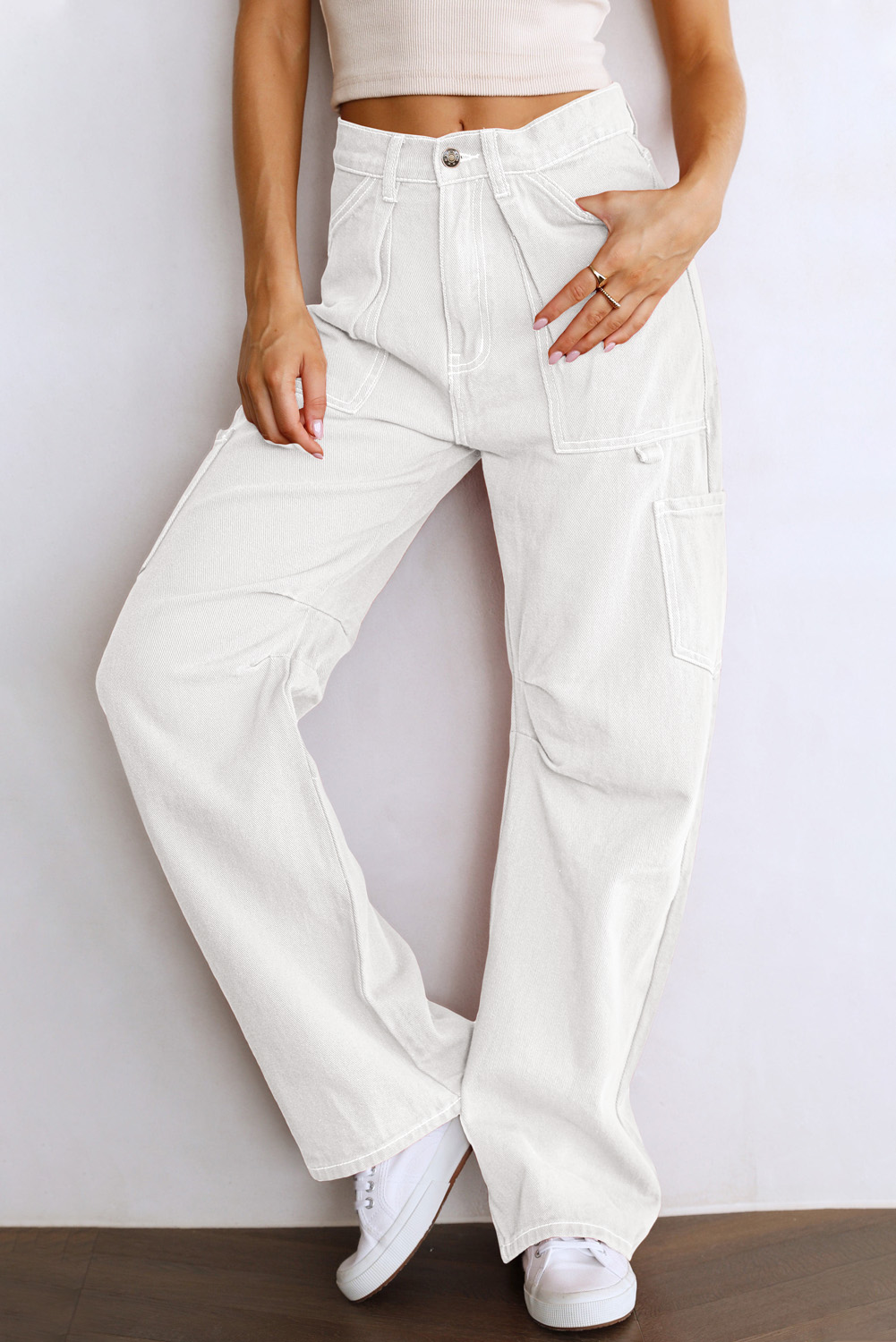 White High Waist Straight Leg Cargo Pants with Pockets - loveforevers