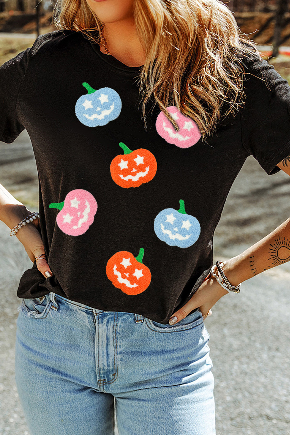 Black Chenille Pumpkin Patched Playful Halloween T Shirt - loveforevers