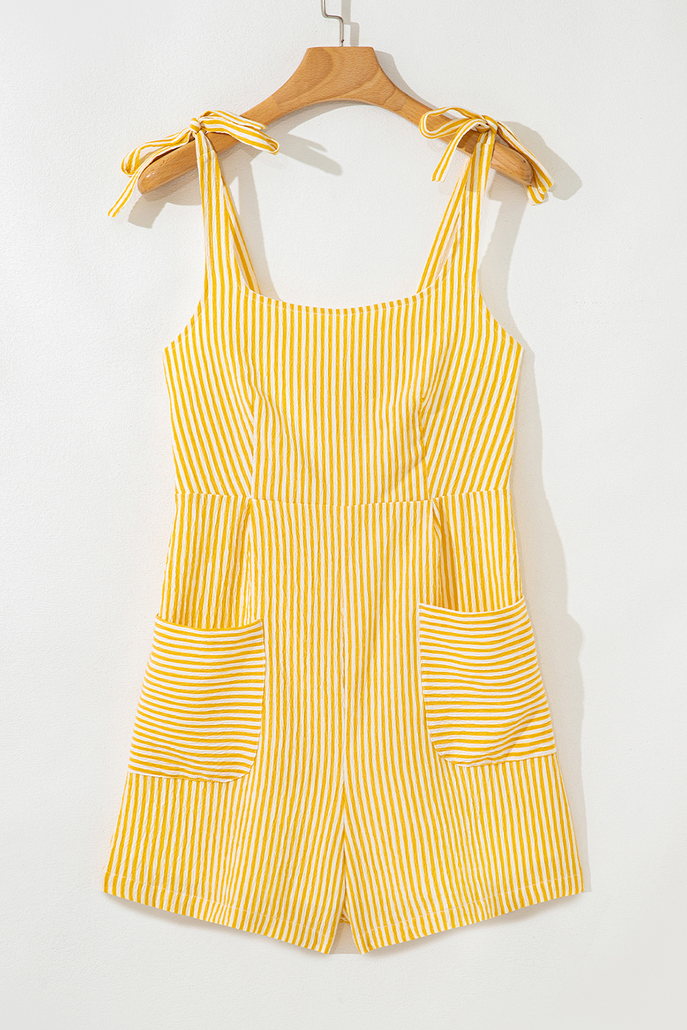 Yellow Stripe Shoulder Tie Smocked Back Wide Leg Casual Romper - loveforevers