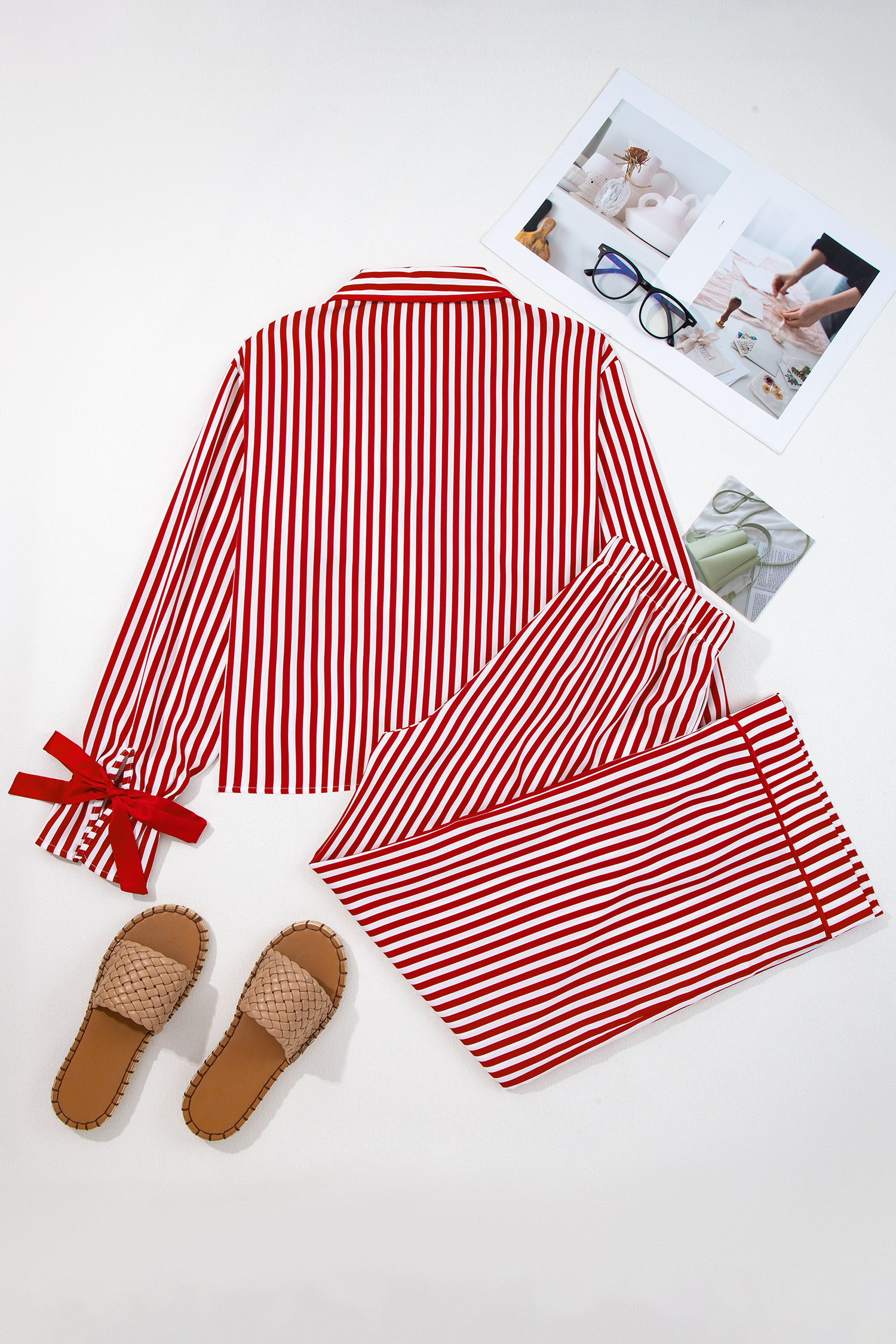 Red Stripe Contrast Velvet Trim Bow Knot Waist 2pcs Pajama Set - loveforevers