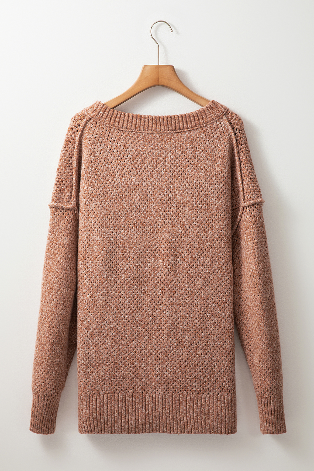 Parchment Loose Eyelet V Neck Drop Shoulder Sweater - loveforevers