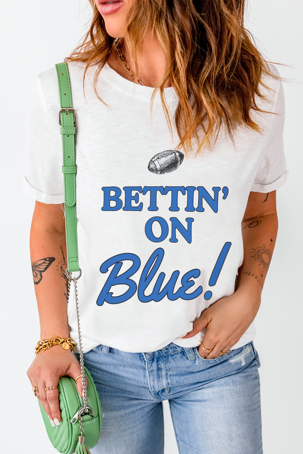 White Rugby Football BETTIN ON Blue Graphic Crewneck T Shirt - loveforevers
