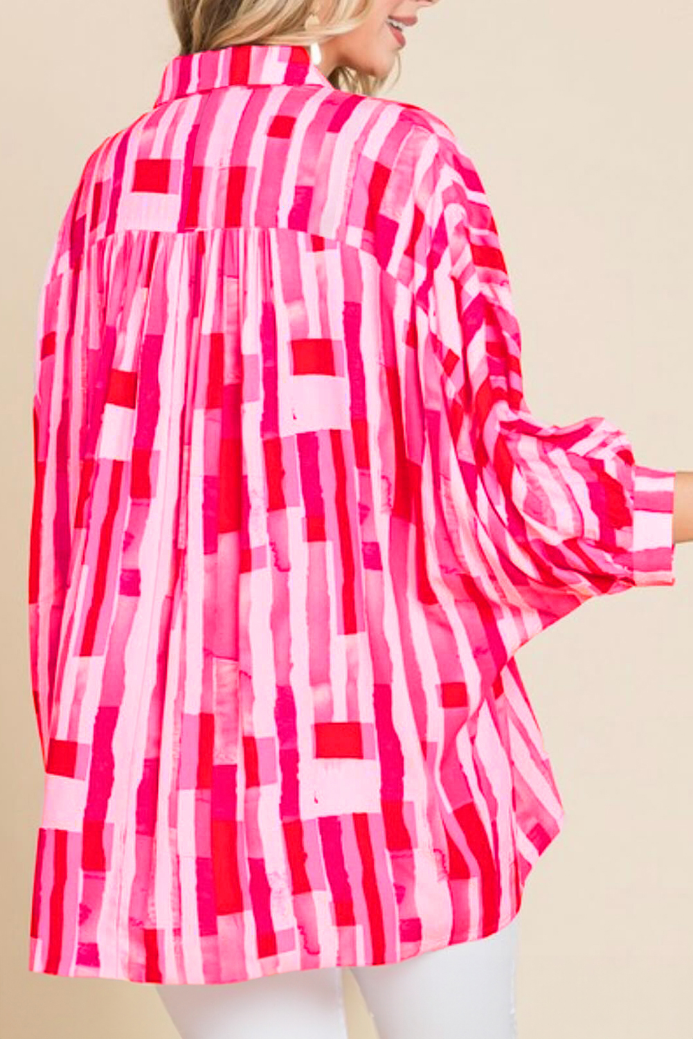 Pink Abstract Print Batwing Sleeve Casual Shirt - loveforevers