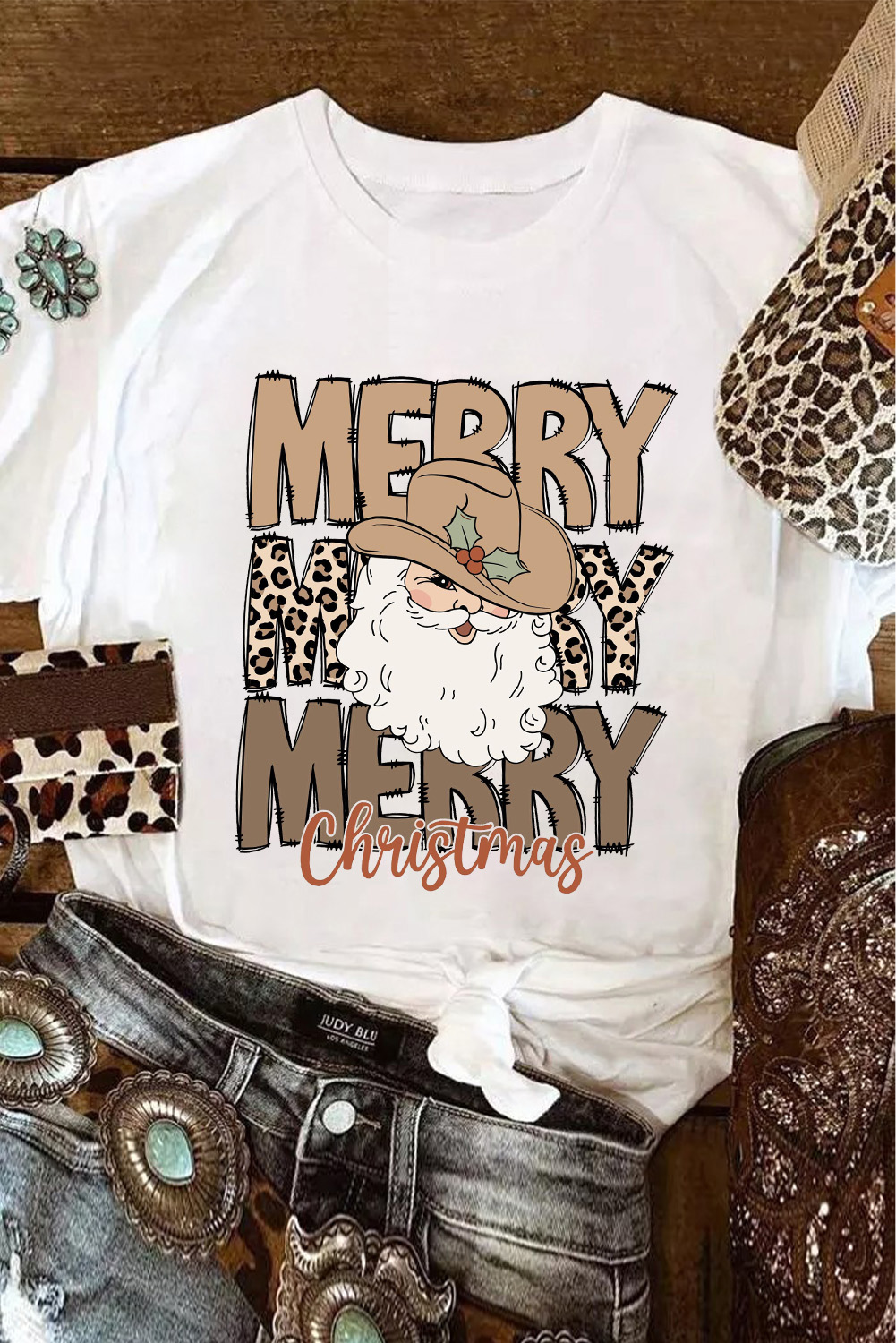 White Merry Christmas Western Santa Claus T Shirt - loveforevers