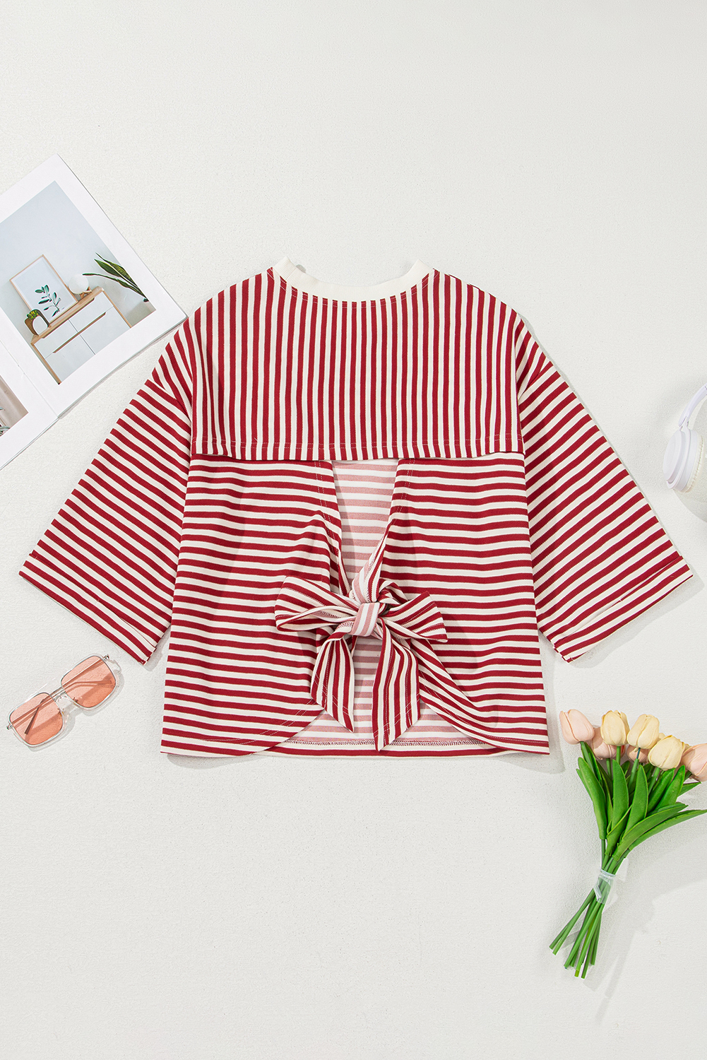 Red Stripe Bowknot Cutout Back Drop Shoulder Wide Bracelet Sleeve Loose Tee - loveforevers