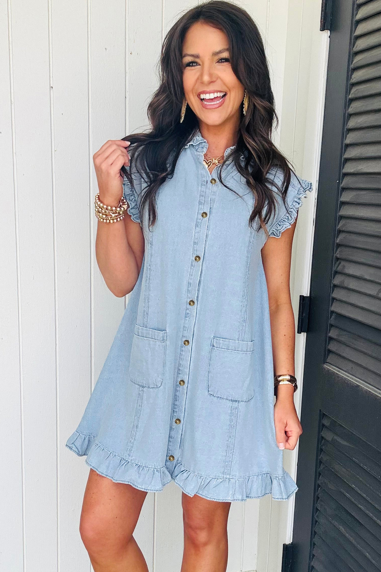 Beau Blue Ruffled Edge Collared Shift Denim Dress with Pockets - loveforevers