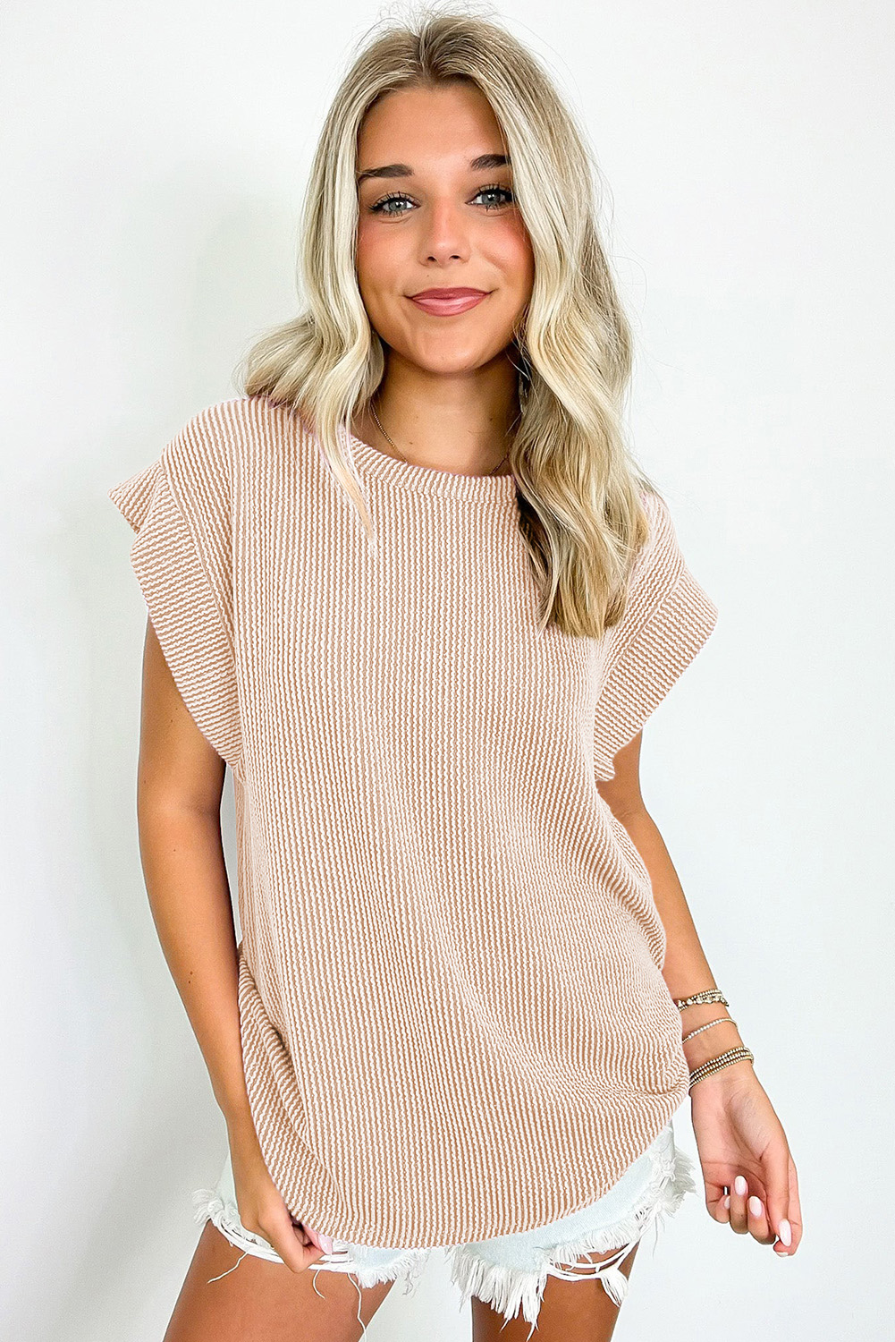 Gray Twisted Rib Wide Sleeve Crew Neck T Shirt - loveforevers