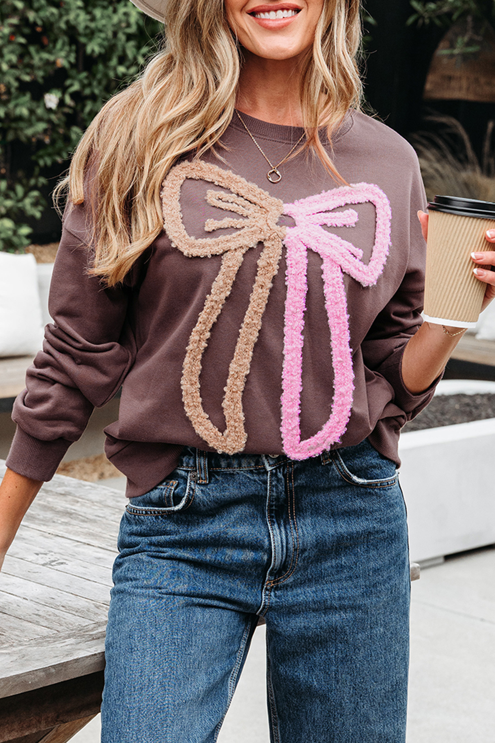 Dark Khaki Contrast Terry Bow Pattern Drop Shoulder Sweatshirt - loveforevers