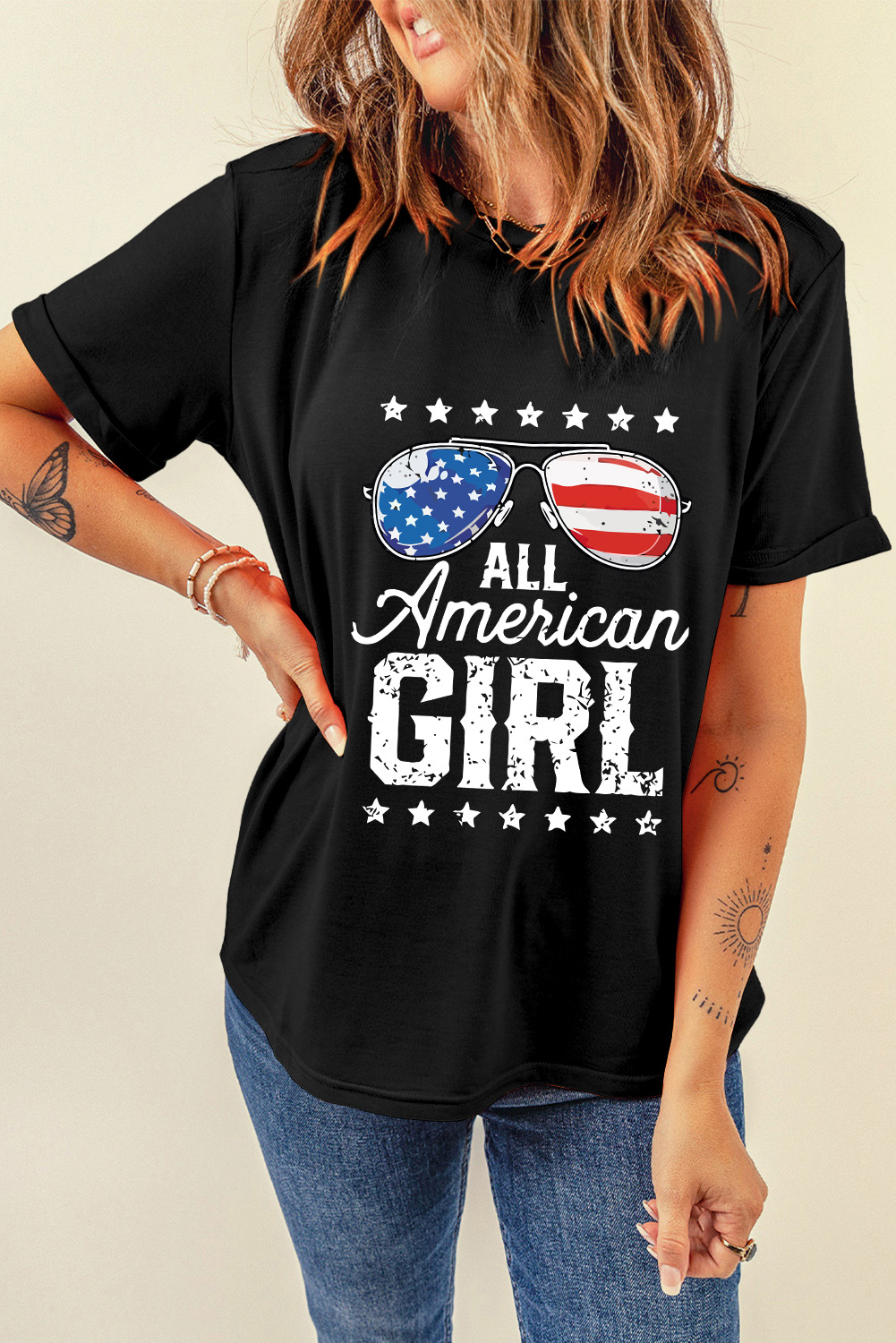 Black Stars and Stripes Glasses Slogan Graphic T Shirt - loveforevers