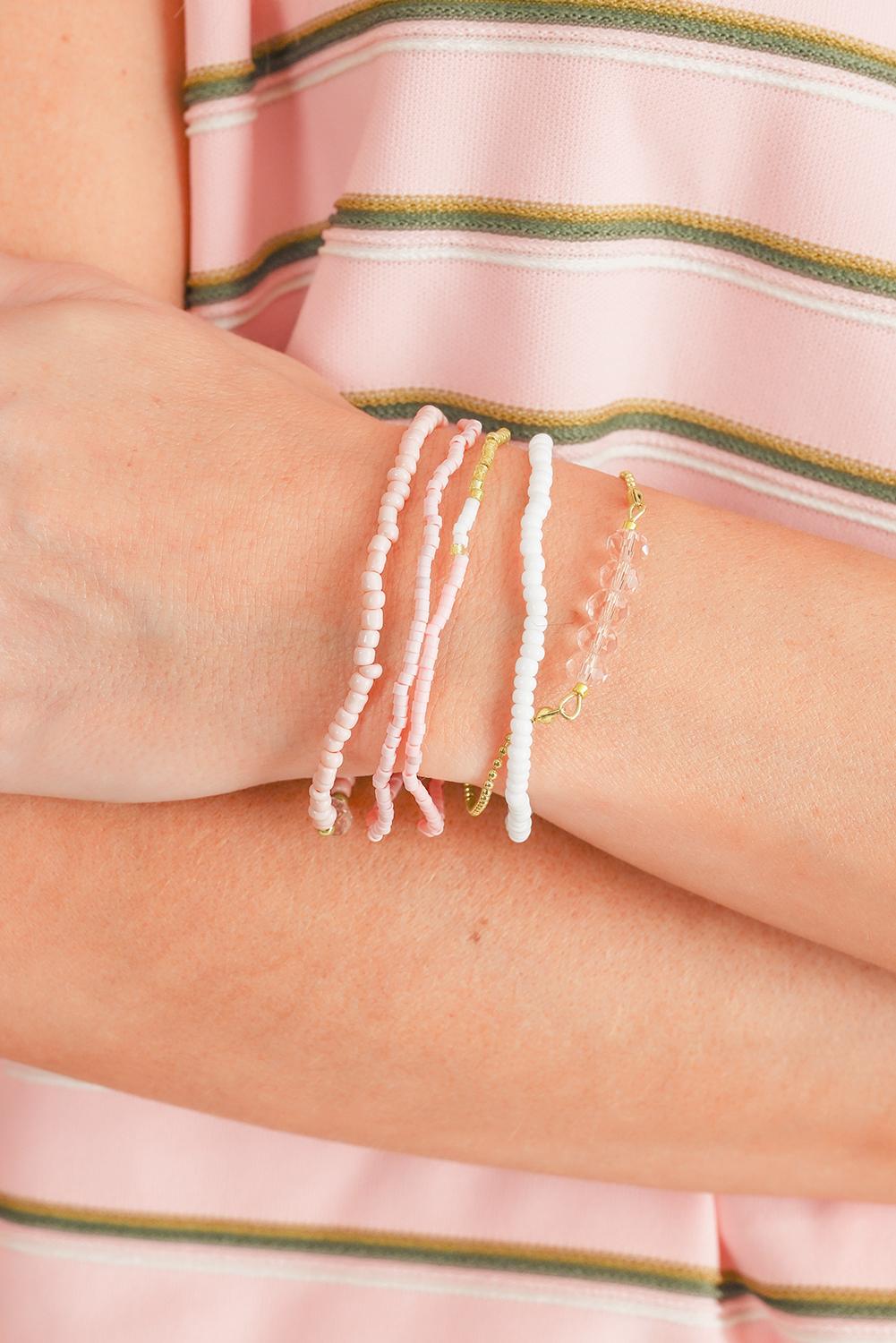 Pink Pearl Crystal Bead Detail 5pcs Elastic Bracelet Set - loveforevers