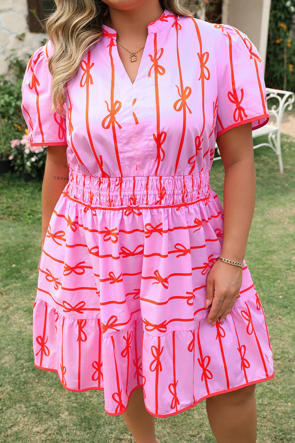 Pink Bowknot Striped Printed Bubble Sleeve Buttoned Belted Mini Dress - loveforevers