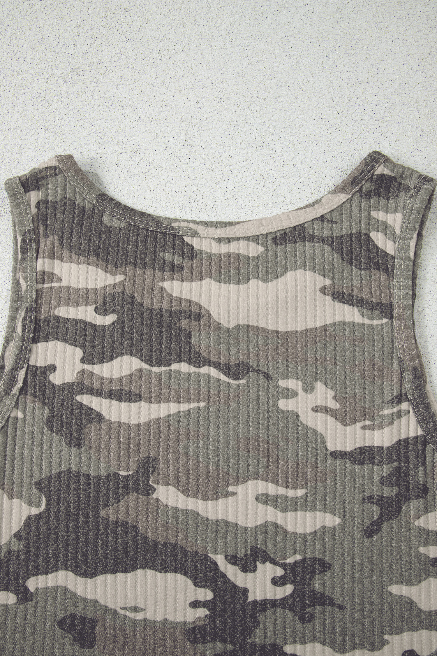 Gray Camouflage Print Ribbed Knit Round Neck Tank Top - loveforevers