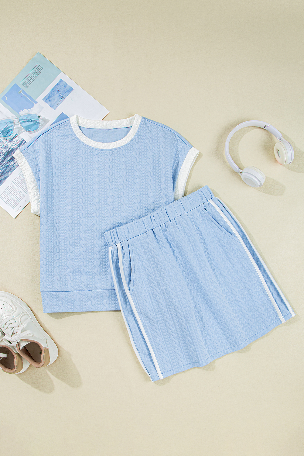 Beau Blue Contrast Trim Textured Crewneck Tee and Pocketed Skirt Set - loveforevers