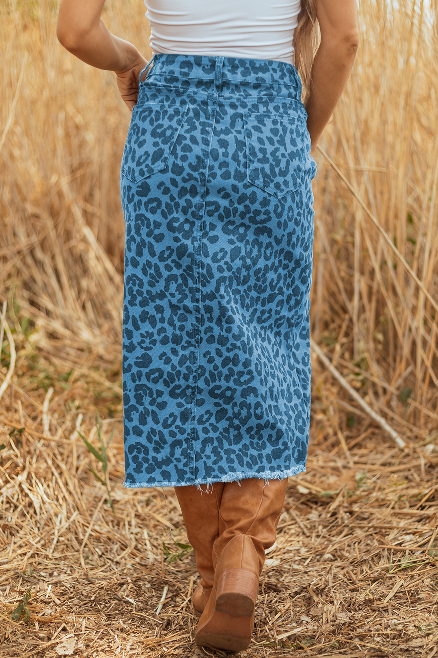 Brown Leopard Denim Frayed Split Denim Midi Skirt - loveforevers