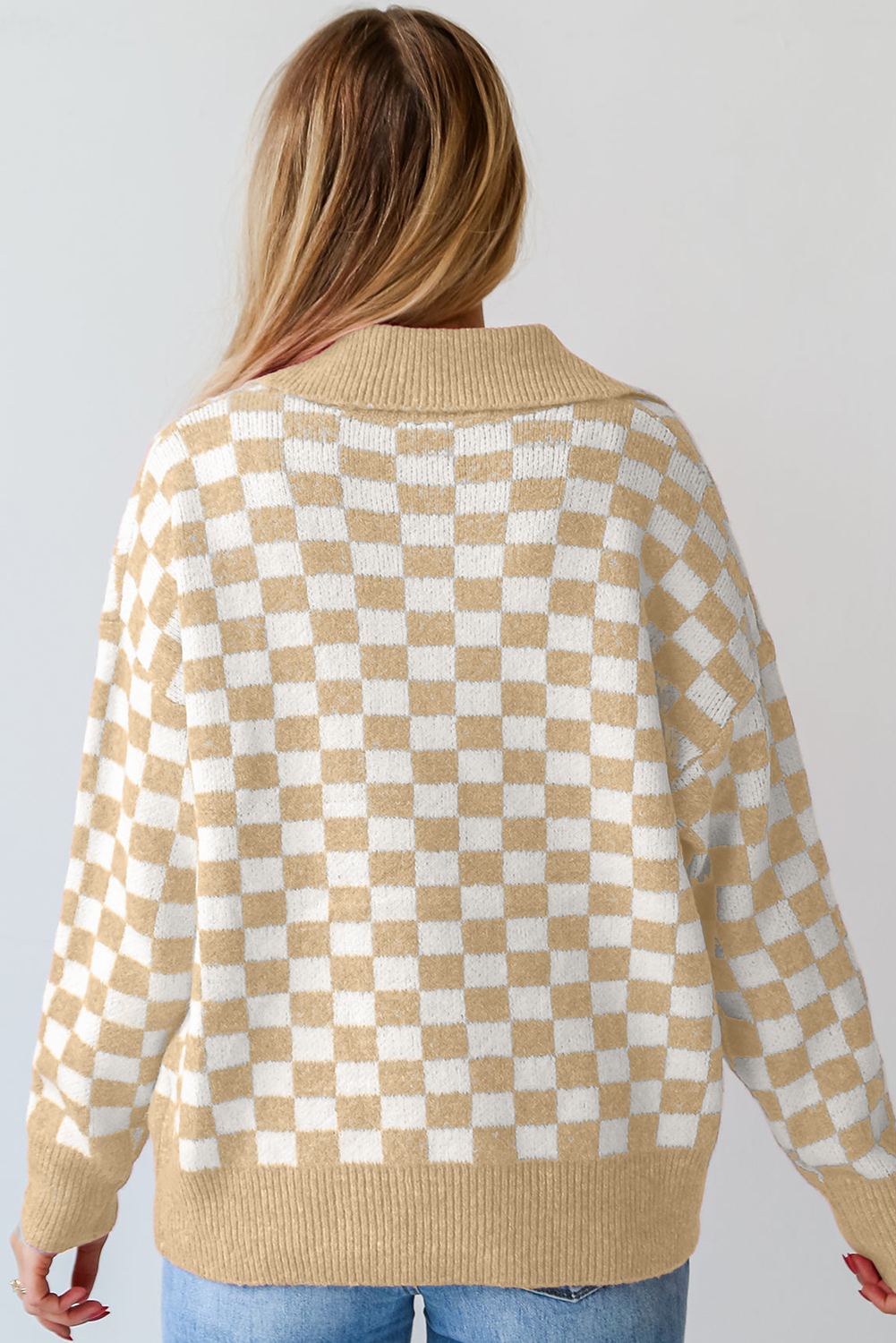 Pink Checkered Buttons Collar V Neck Drop Shoulder Sweater - loveforevers