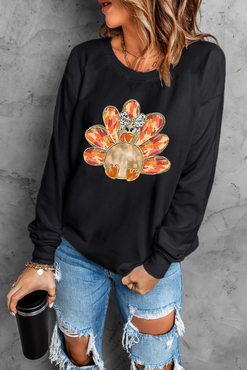 Black Thanksgiving Turkey Graphic Drop Shoulder Sweatshirt - loveforevers