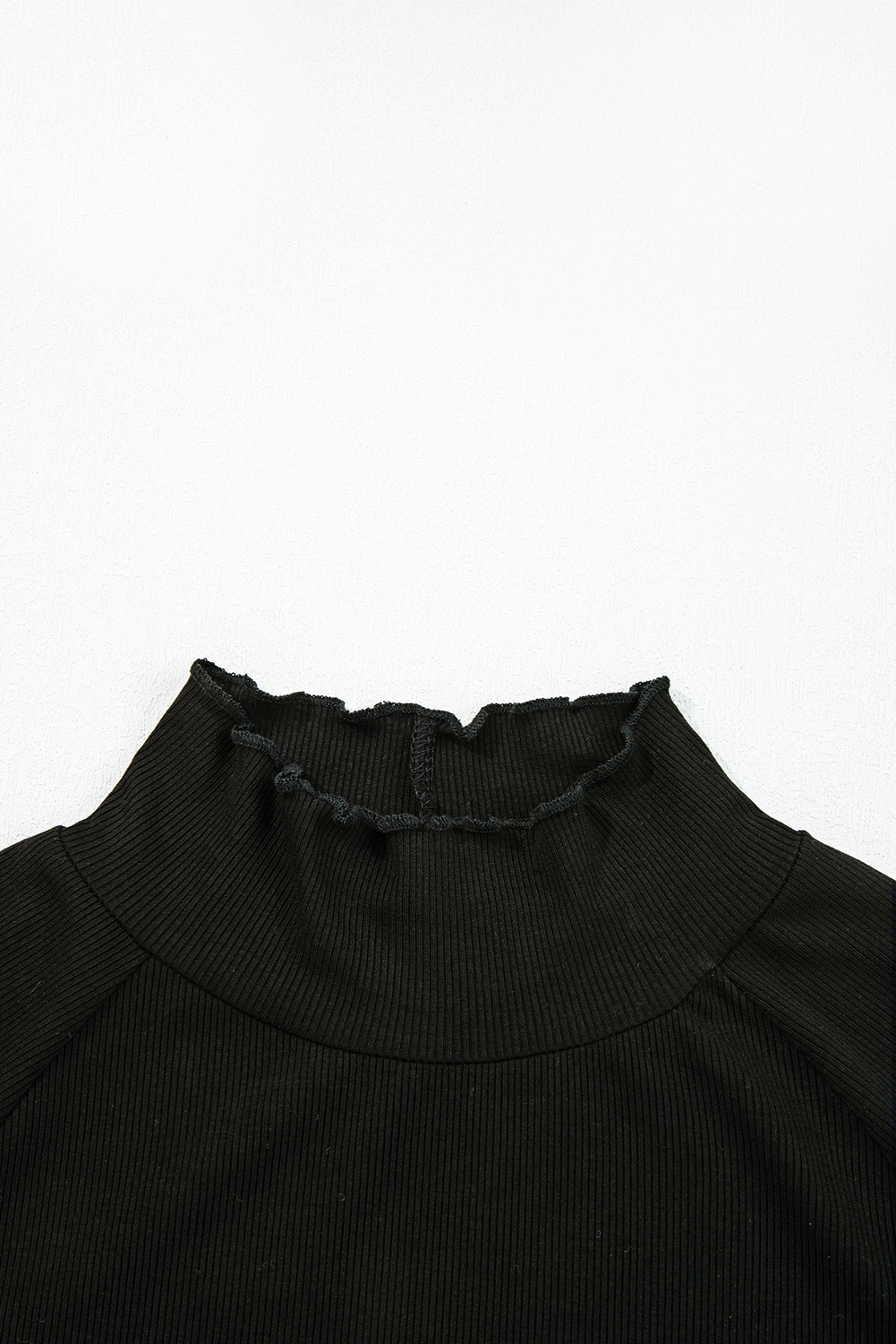 Black Ribbed Knit Lettuce Trim High Neck Long Sleeve Top - loveforevers
