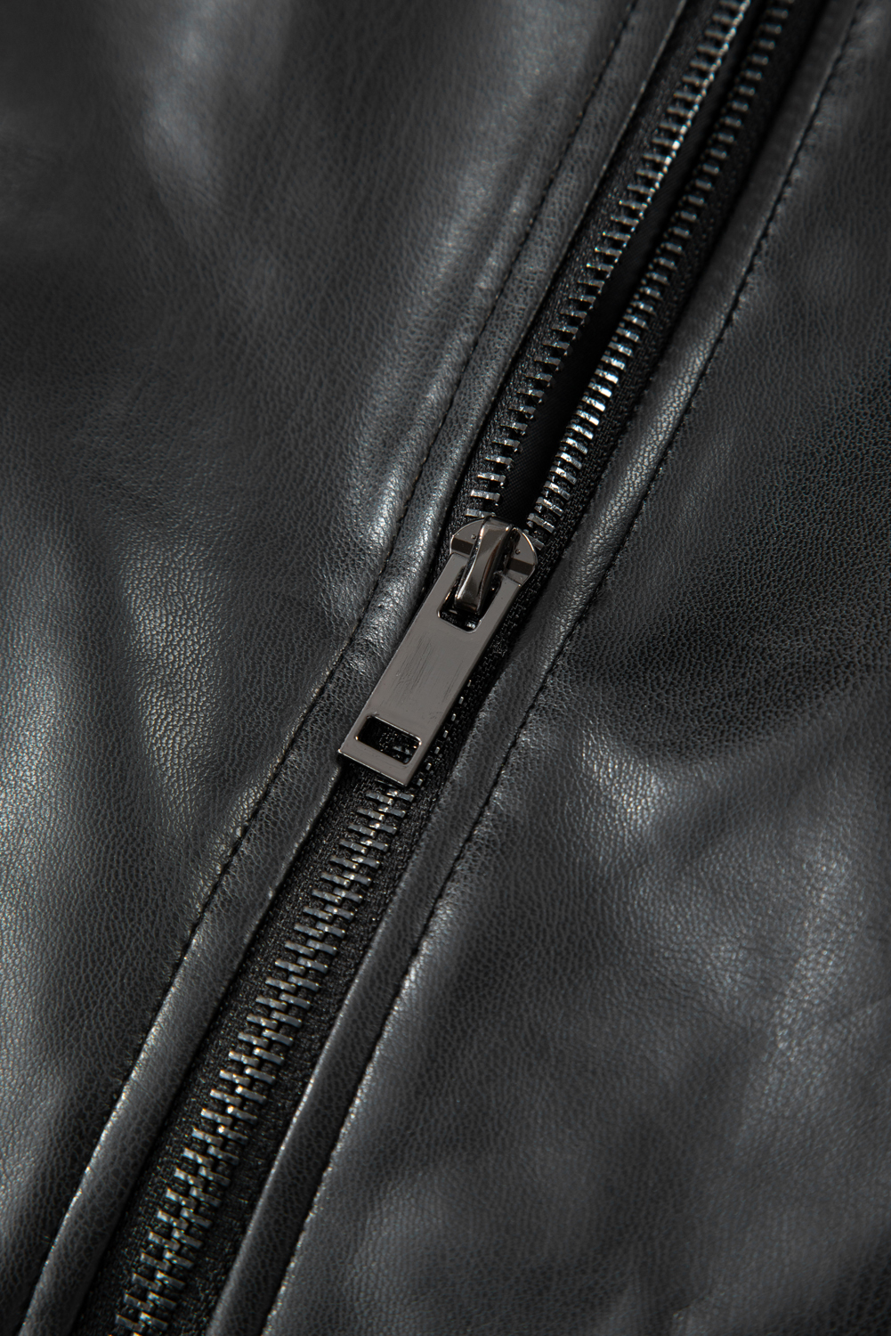 Black Double Flap Pocket Faux Leather Zip Up Stand Neck Vest - loveforevers