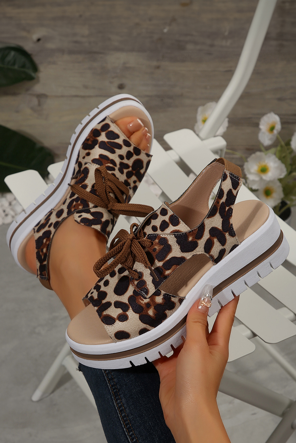 Parchment Leopard Print Hollow Out Lace-up Wedge Sandals - loveforevers