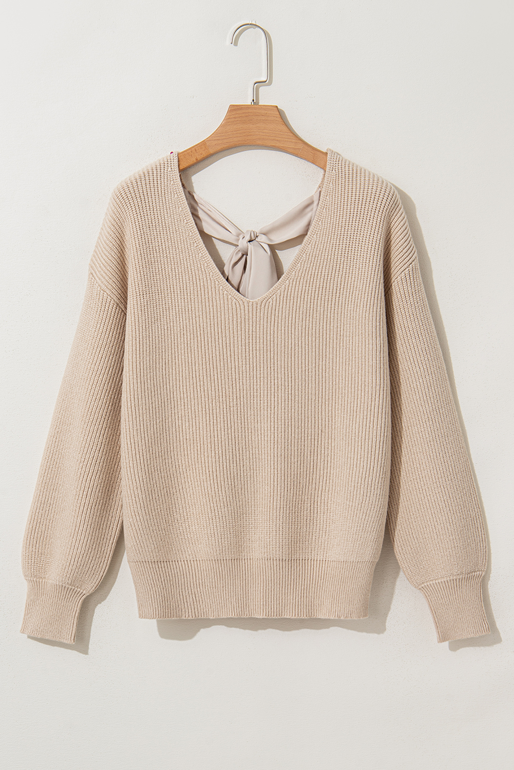Racing Red Lantern Sleeve V Neck Knot Back Sweater - loveforevers