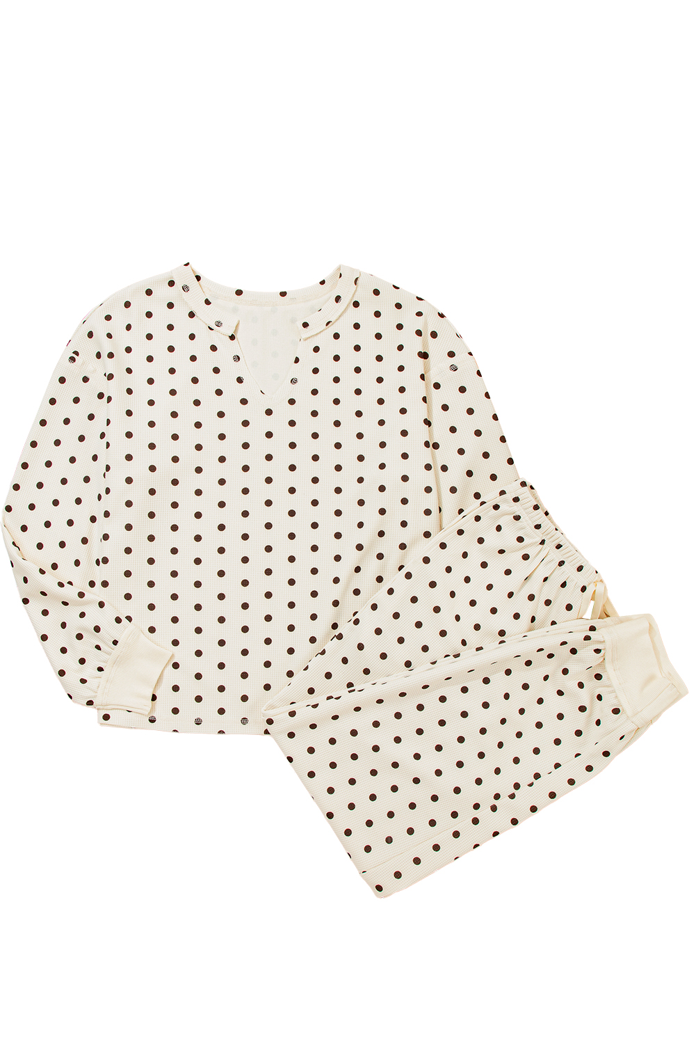 White Polka Dot Print Notched Neck Long Sleeve Top Drawstring Jogger Pants Waffle Knit Lounge Set - loveforevers