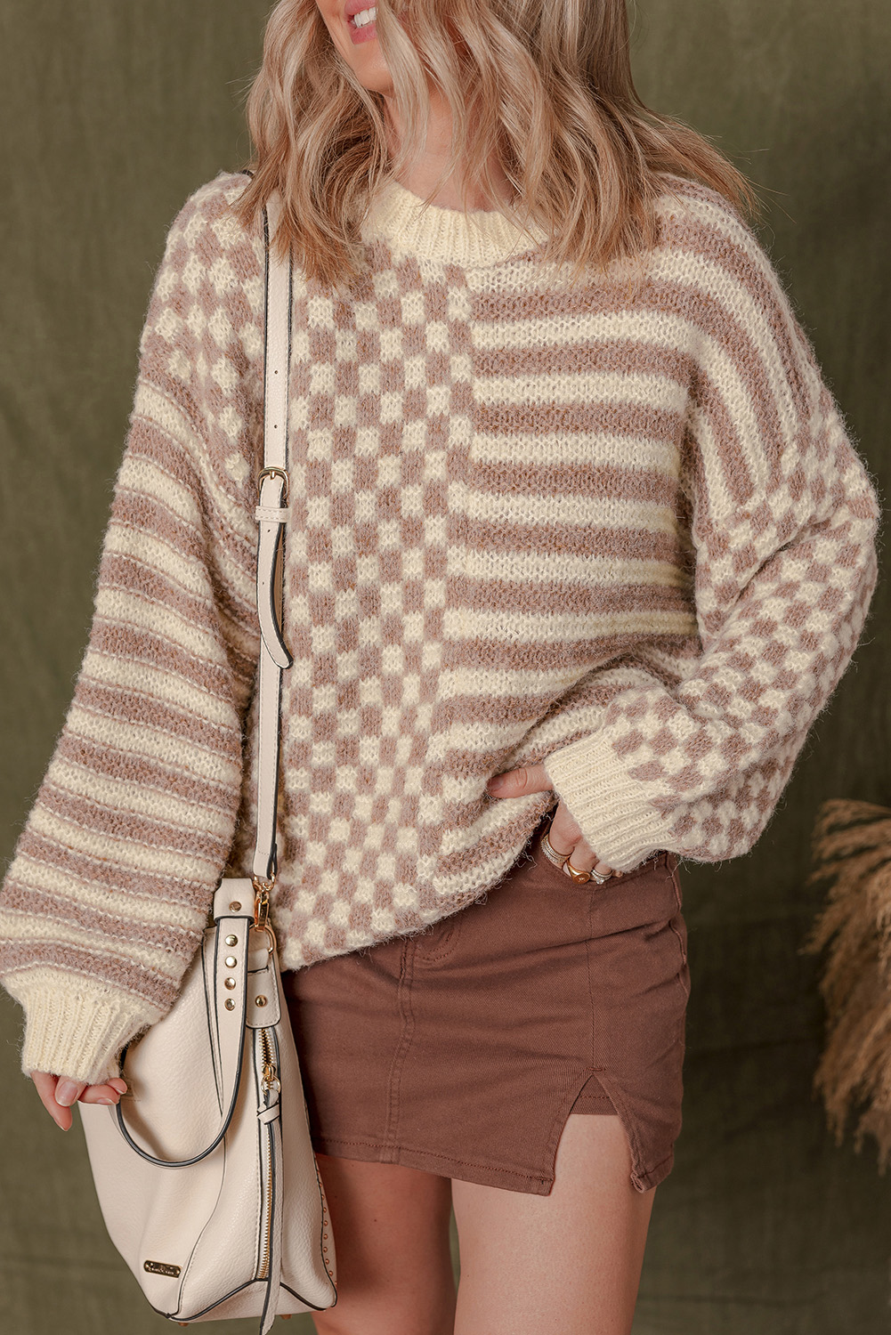 Khaki Stripe Checkerboard Drop Shoulder Balloon Sleeve Sweater - loveforevers