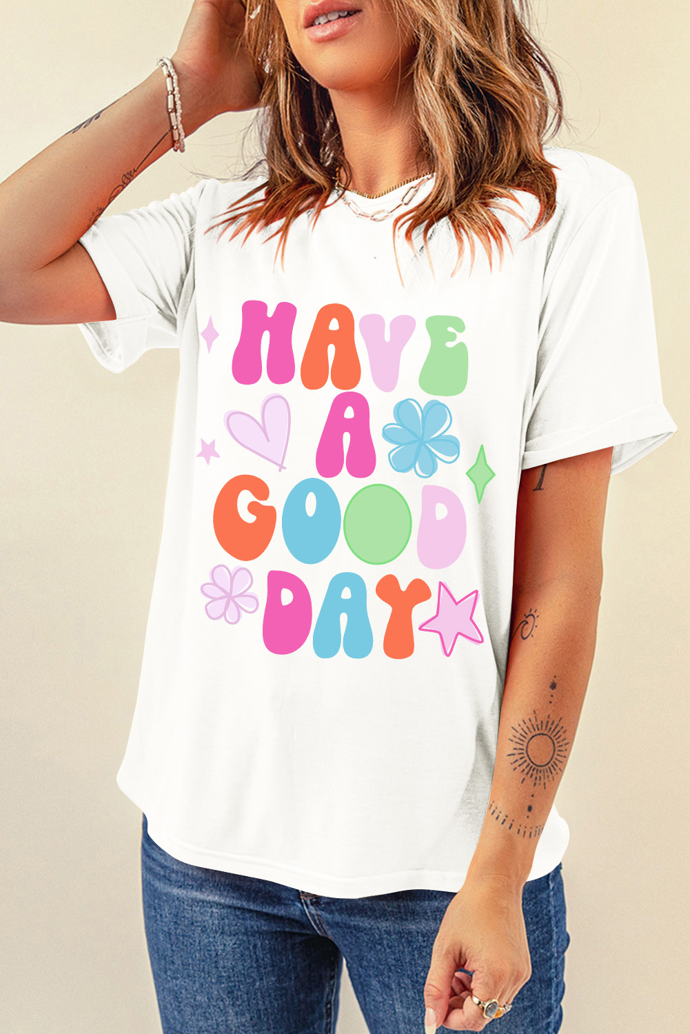 White HAVE A GOOD DAY Print Graphic Casual Tee - loveforevers