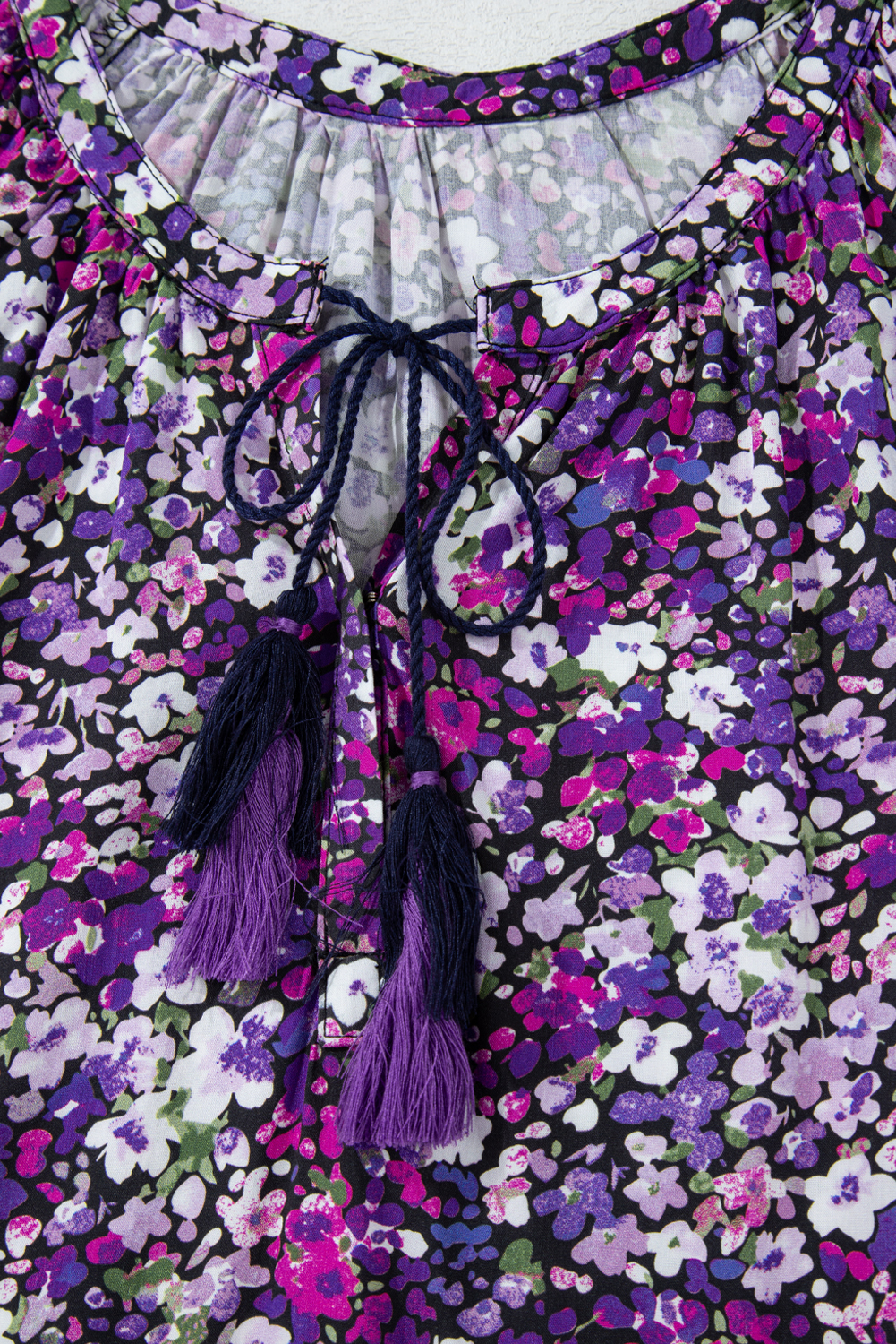 Purple Boho Flower Split V Neck Bubble Sleeve Blouse - loveforevers