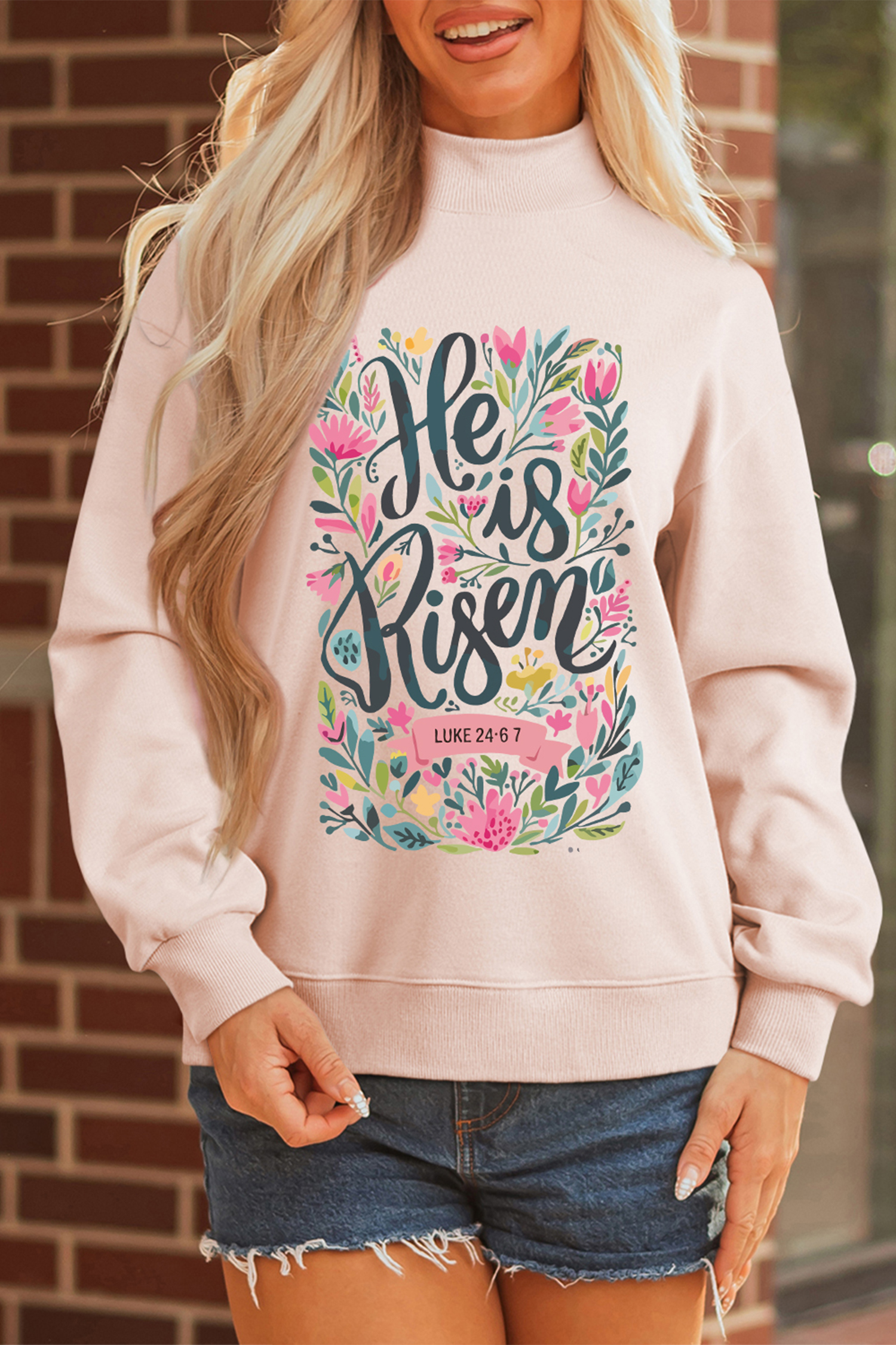 Apricot Pink He is Risen Floral Christian Easter Mock Neck Sweatshirt - loveforevers