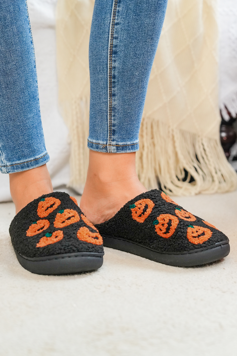 Black Halloween Pumpkin Plush Home Slippers - loveforevers