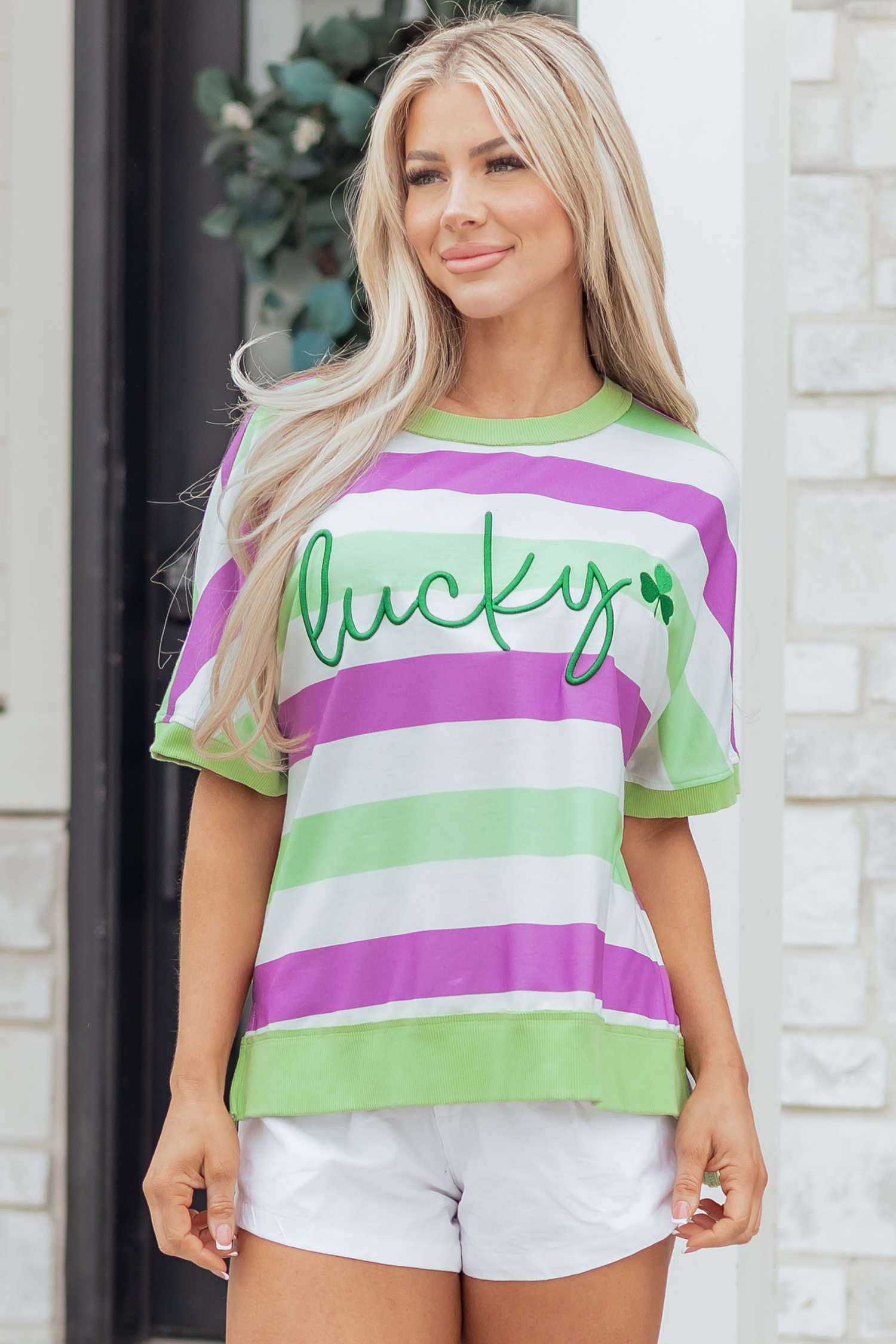 Green Stripe Lucky Clover Embroidered Graphic Dolman Loose Tee - loveforevers