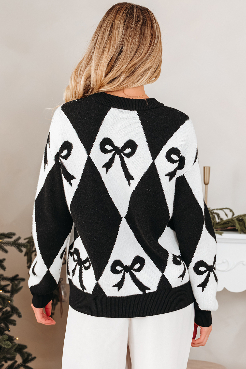 Black Bow Print 2-tone Rhombus Knit Loose Sweater - loveforevers