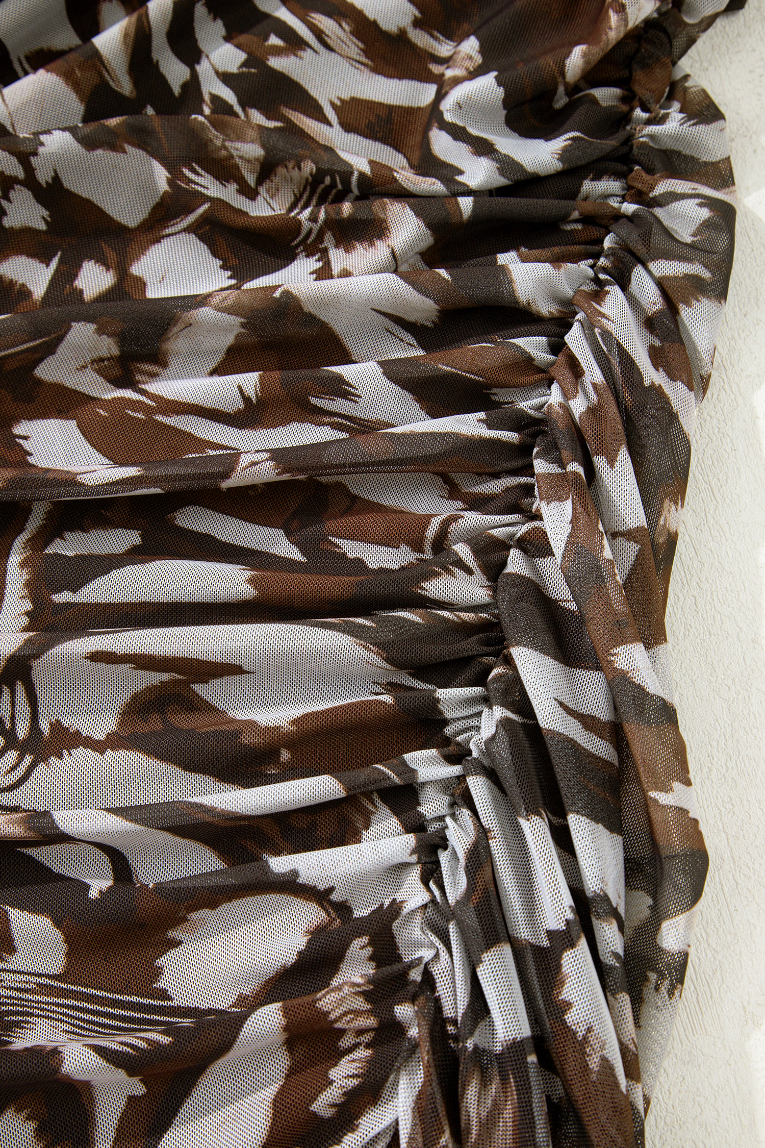 Brown Abstract Print Mesh Cowl Neck Cap Sleeve Ruched Midi Dress with Slit - loveforevers