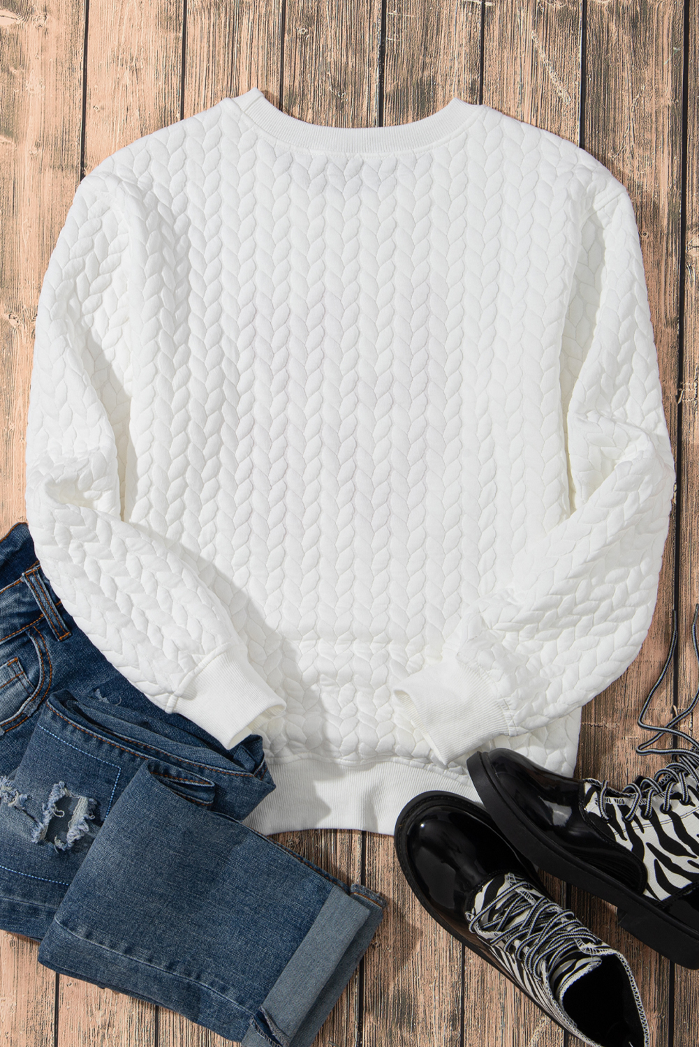 White LOVE Chenille Embroidered Cable Knit Pullover Sweatshirt - loveforevers