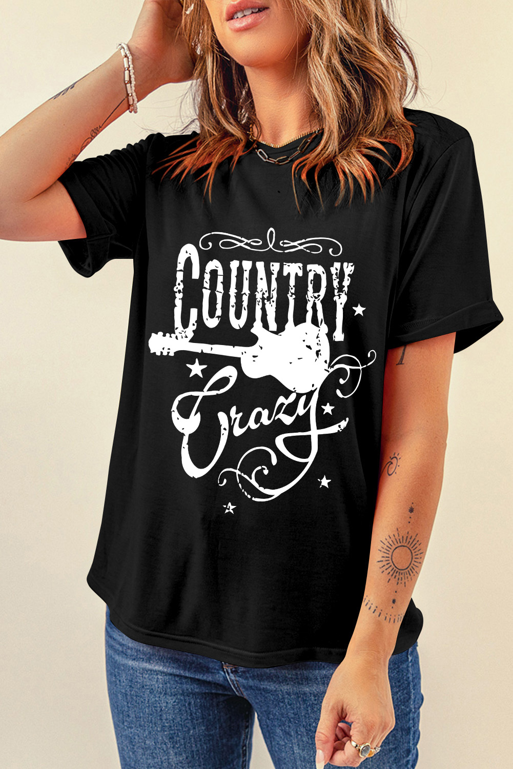 Black Country Music Crazy Print Crew Neck T Shirt - loveforevers