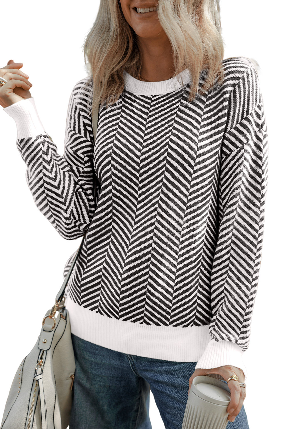 Coffee Contrast Edge Crew Neck Drop Shoulder Sweater - loveforevers
