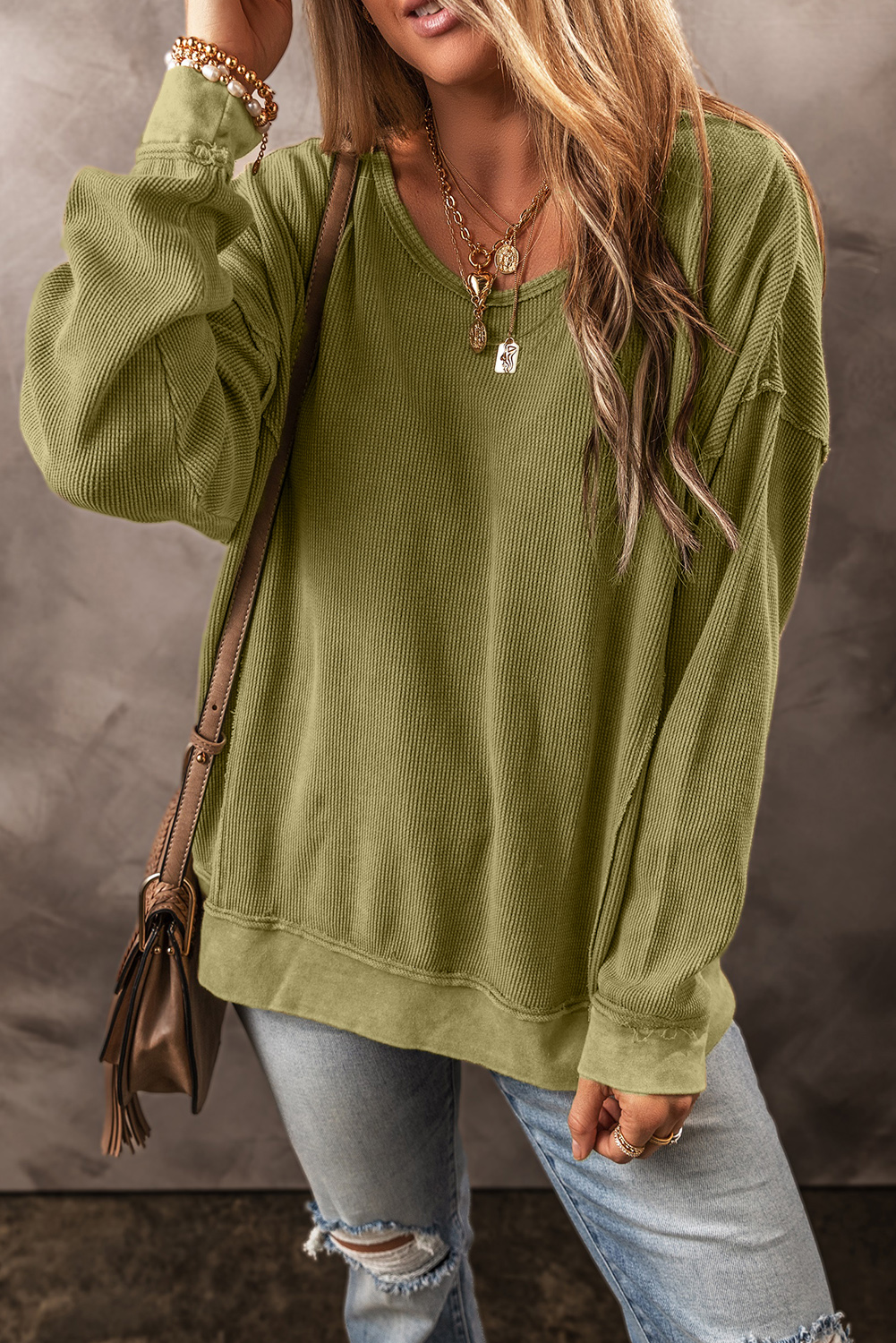 Jungle Green Textured Seamed Drop Sleeve Sweatshirt - loveforevers