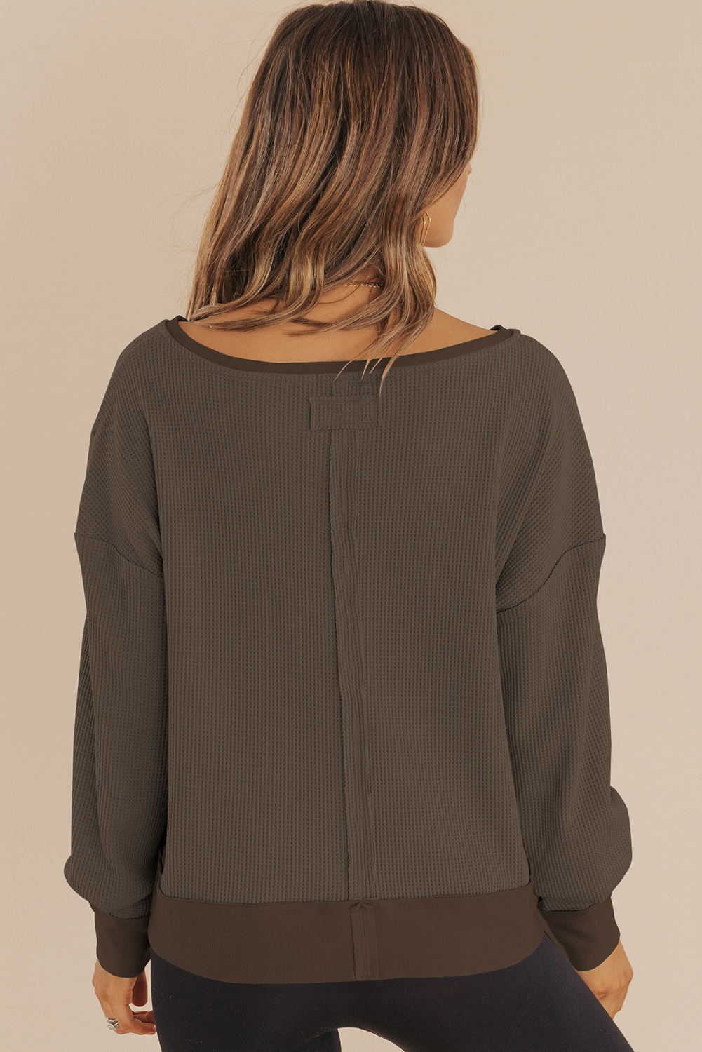 Dark Brown Waffle Knit Notched V Neck Drop Shoulder Solid Sweatshirt - loveforevers