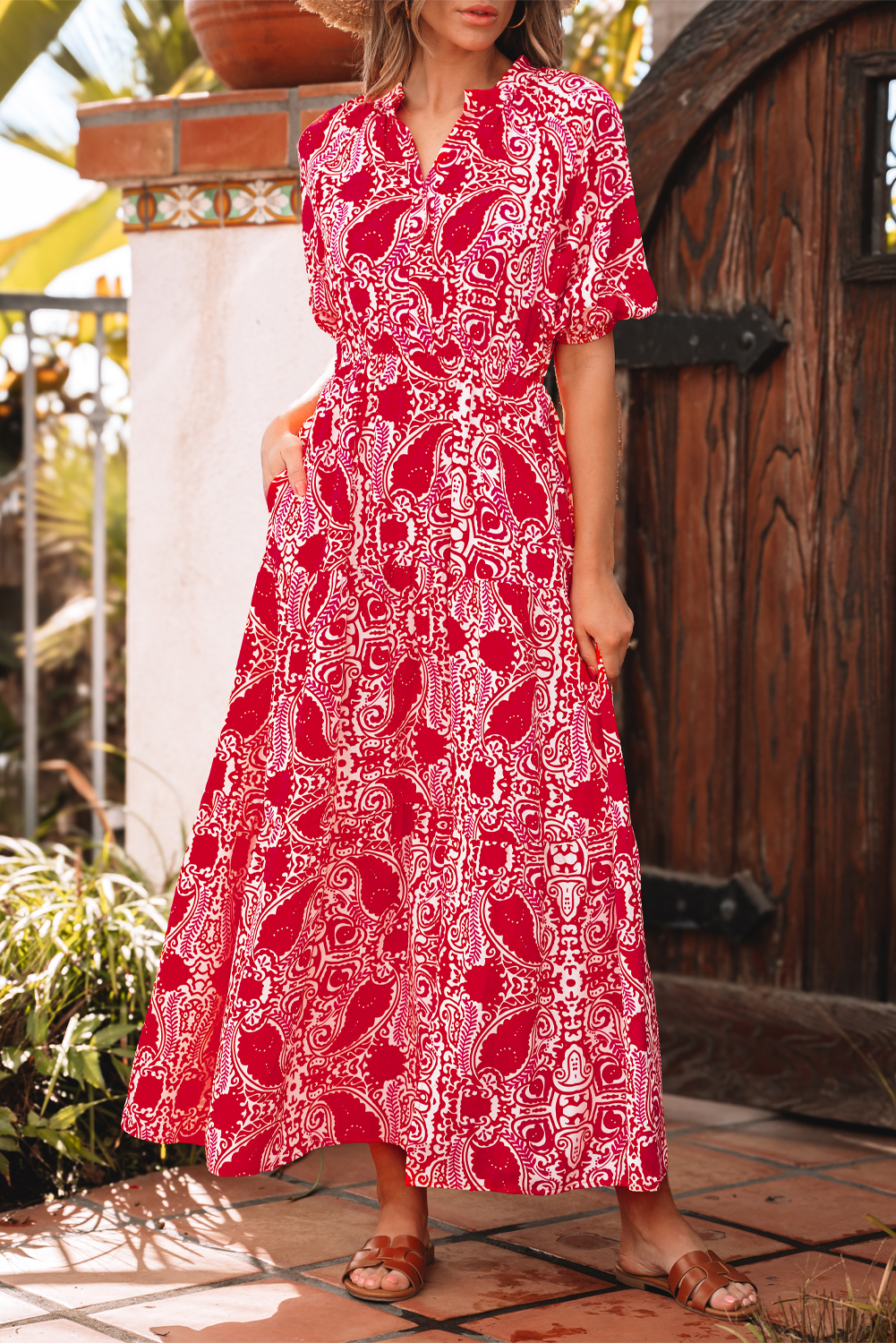 Red Paisley Print Side Slit Puff Sleeve High Waist Maxi Dress - loveforevers