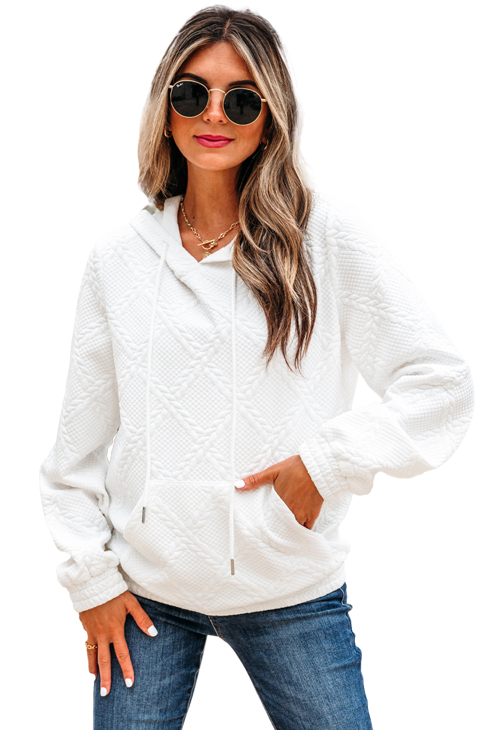 White Cable Lattice Texture Kangaroo Pocket Hoodie - loveforevers