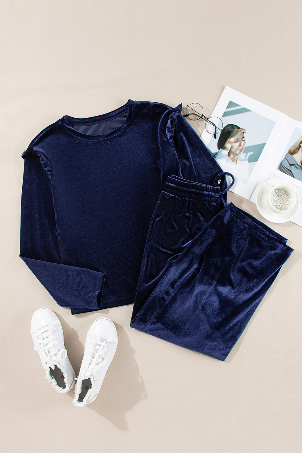 Navy Blue Solid Velvet Ruffled Two Piece Pants Set - loveforevers