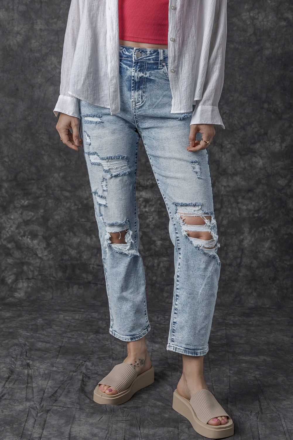 Sky Blue Light Wash Frayed Slim Fit High Waist Jeans - loveforevers